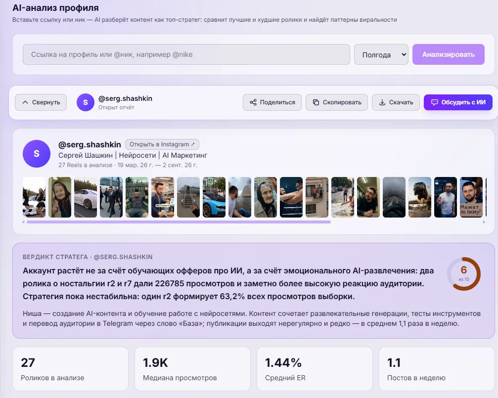 AI-анализ профиля: вердикт стратега и оценка аккаунта